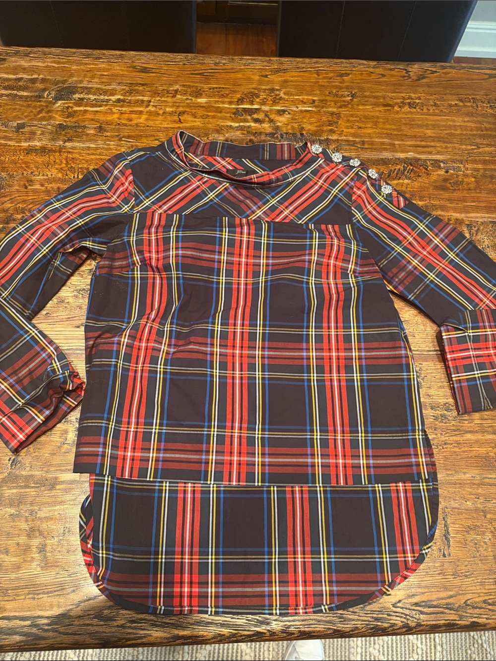 J. Crew Navy Plaid Blouse with Red and Yellow Stripes